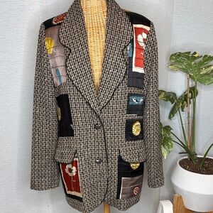Vintage boucle tweed Patchwork Blazer with boho  Geometric Patterns M/L